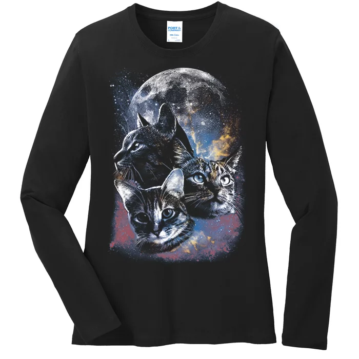 Three Moon Space Cats Ladies Long Sleeve Shirt