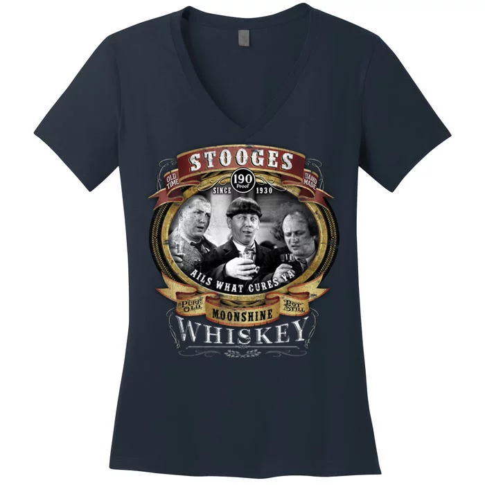 Three Stooges Moonshine Whiskey Women's V-Neck T-Shirt