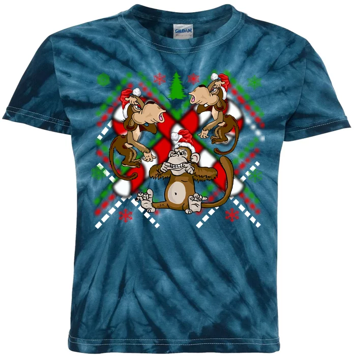 Three Wise Monkey Ugly Christmas Sweater Kids Tie-Dye T-Shirt