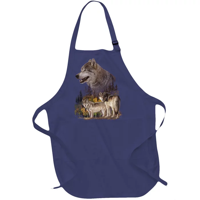 Three Wolf Collage Full-Length Apron With Pocket