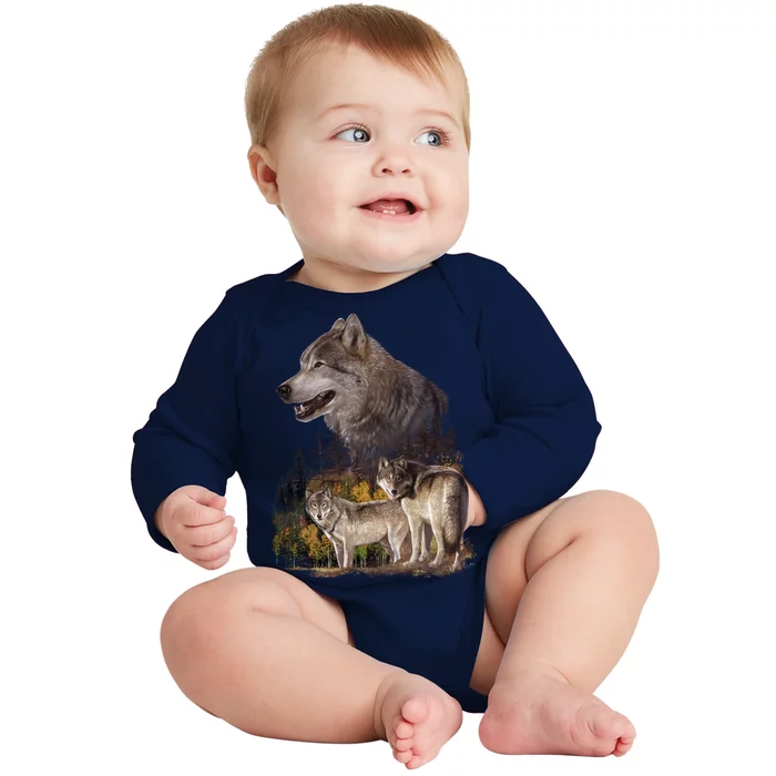 Three Wolf Collage Baby Long Sleeve Bodysuit