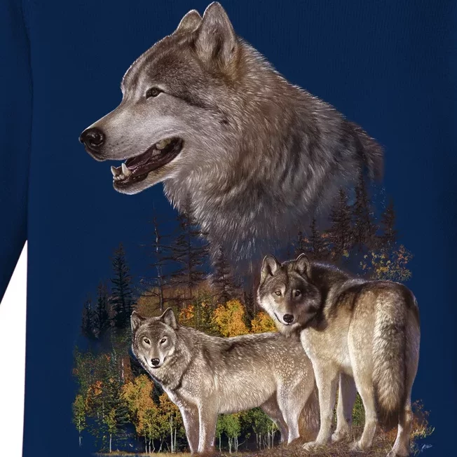 Three Wolf Collage Baby Long Sleeve Bodysuit