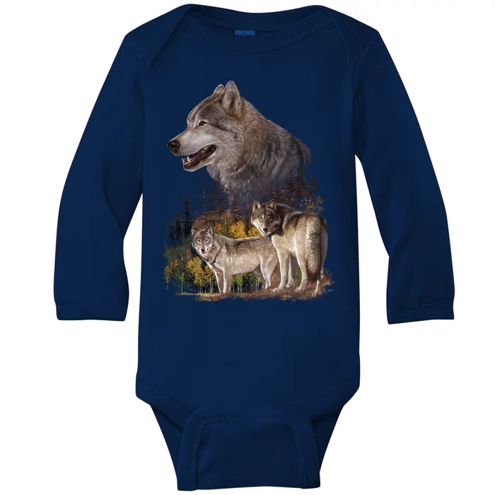 Three Wolf Collage Baby Long Sleeve Bodysuit