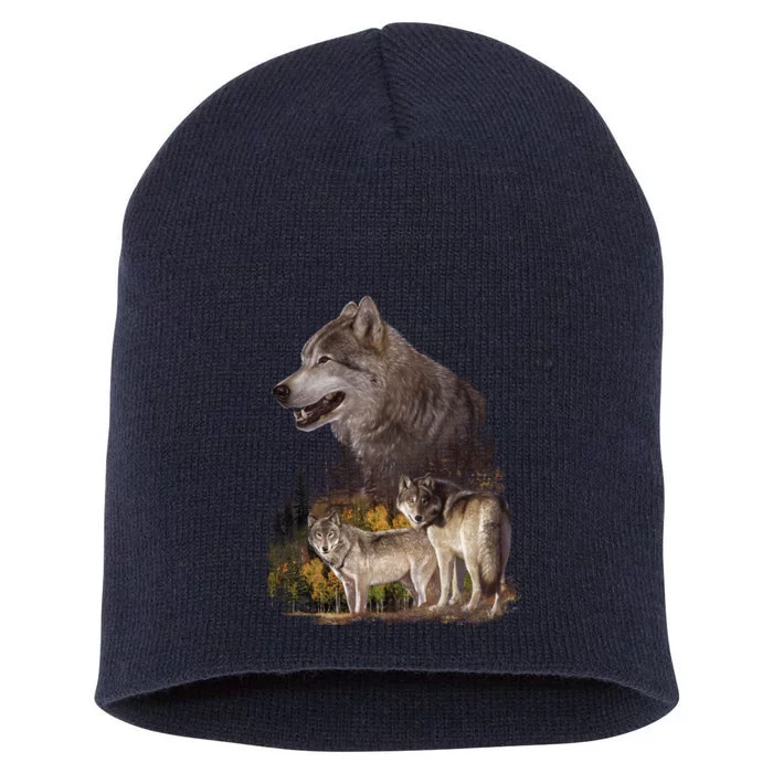 Three Wolf Collage Short Acrylic Beanie