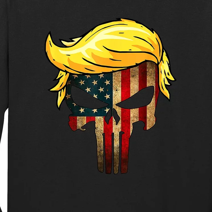 Trump Hair Skull 4th Of July US Flag Trump Tall Long Sleeve T-Shirt