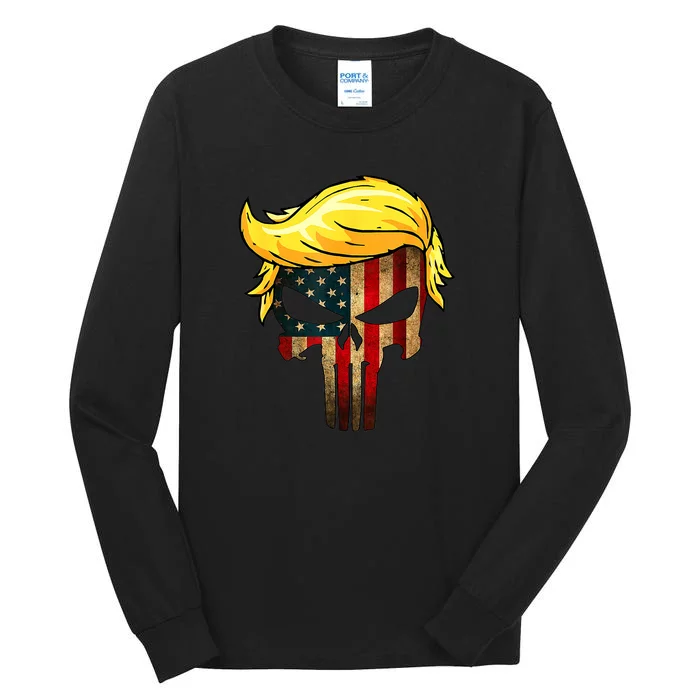 Trump Hair Skull 4th Of July US Flag Trump Tall Long Sleeve T-Shirt