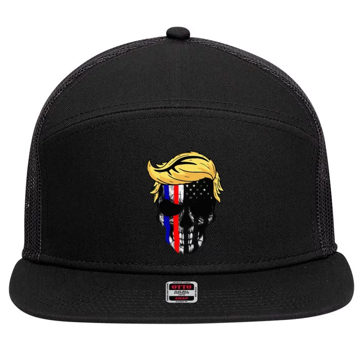 Trump Hair Skull Halloween Trump Head 4th of july US Flag 7 Panel Mesh Trucker Snapback Hat