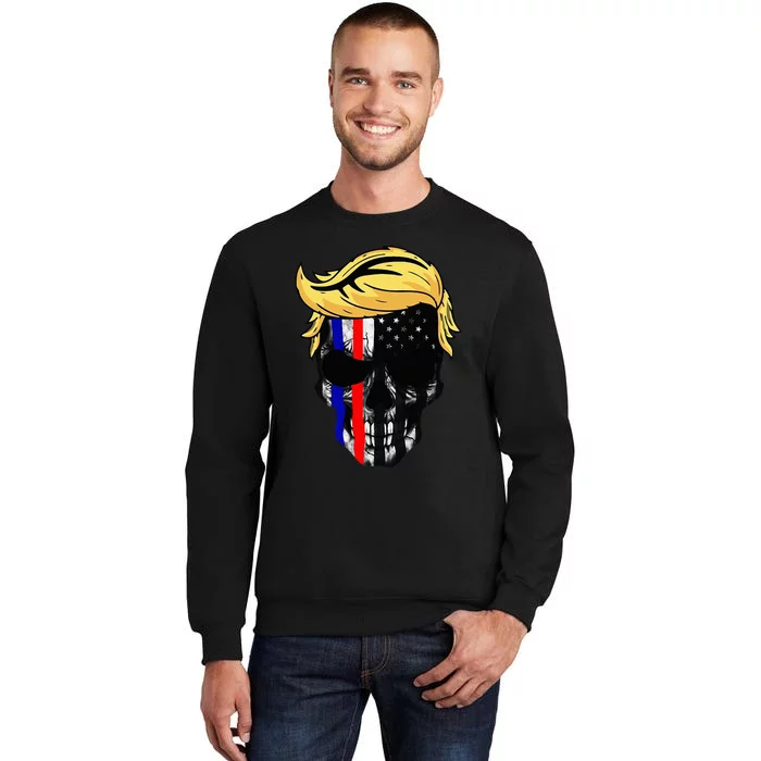 Trump Hair Skull Halloween Trump Head 4th of july US Flag Sweatshirt