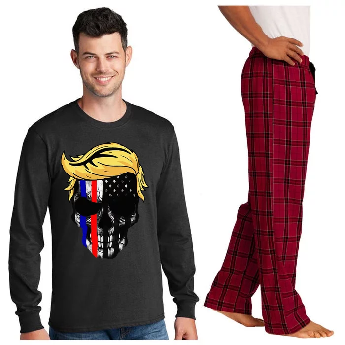 Trump Hair Skull Halloween Trump Head 4th of july US Flag Long Sleeve Pajama Set