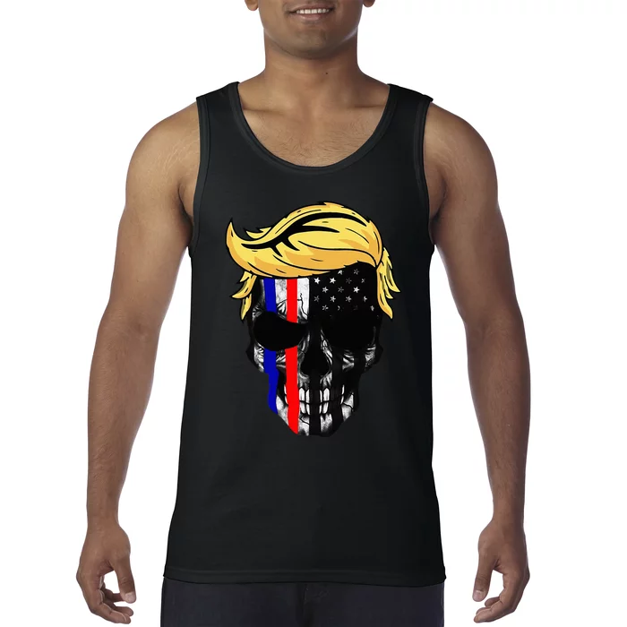 Trump Hair Skull Halloween Trump Head 4th of july US Flag Tank Top