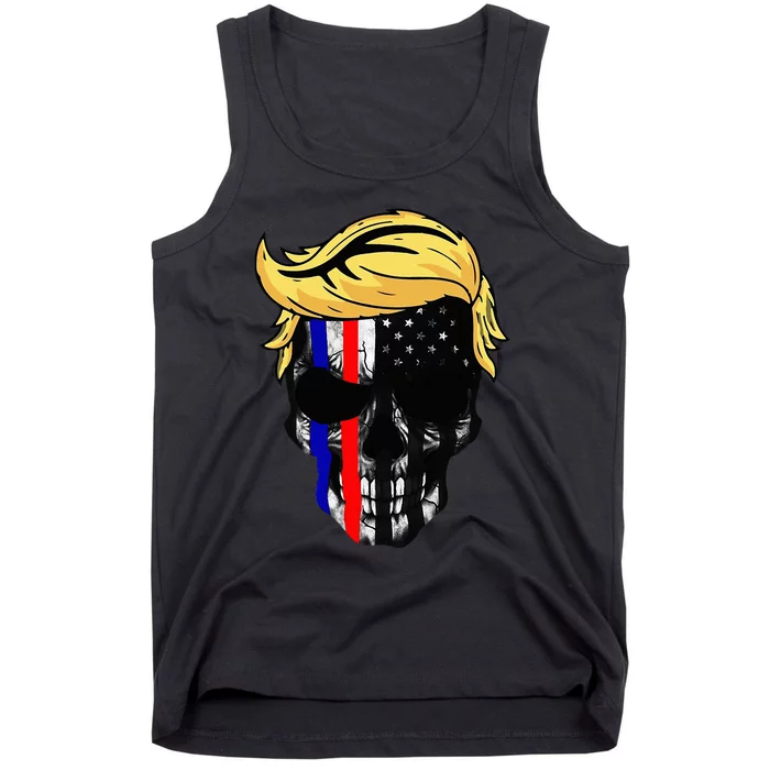 Trump Hair Skull Halloween Trump Head 4th of july US Flag Tank Top