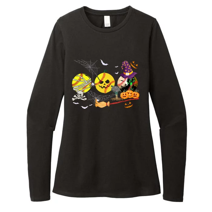 Three Halloween Softball Mummy Pumpkin Witch Softball Lover Gift Womens CVC Long Sleeve Shirt