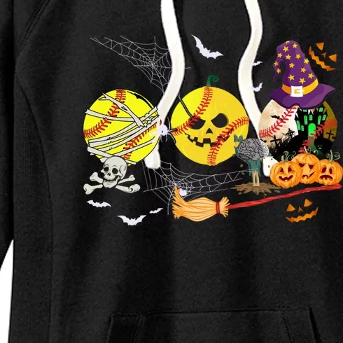 Three Halloween Softball Mummy Pumpkin Witch Softball Lover Gift Women's Fleece Hoodie