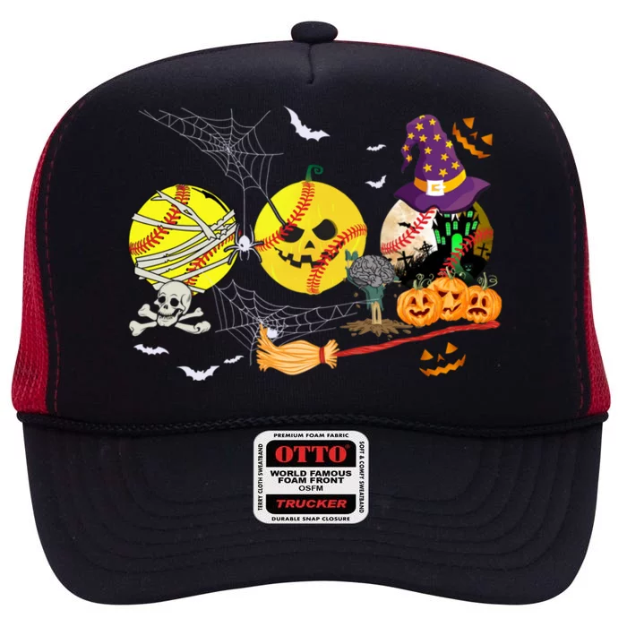 Three Halloween Softball Mummy Pumpkin Witch Softball Lover Gift High Crown Mesh Trucker Hat