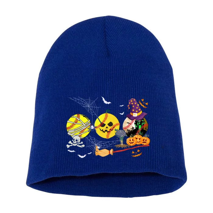 Three Halloween Softball Mummy Pumpkin Witch Softball Lover Gift Short Acrylic Beanie