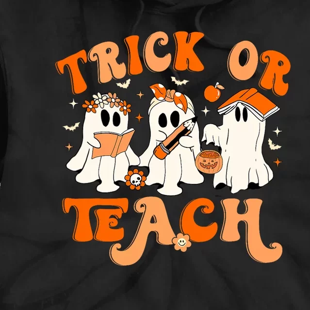 Teacher Halloween Trick Or Teach Retro Groovy Floral Ghost Tie Dye Hoodie