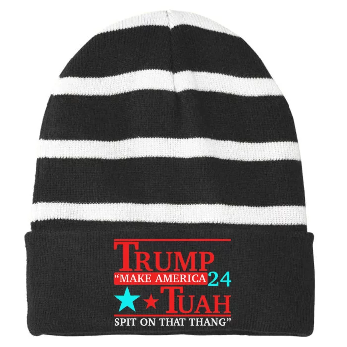 Trump Hawk Tuah Viral Meme Humor Striped Beanie with Solid Band