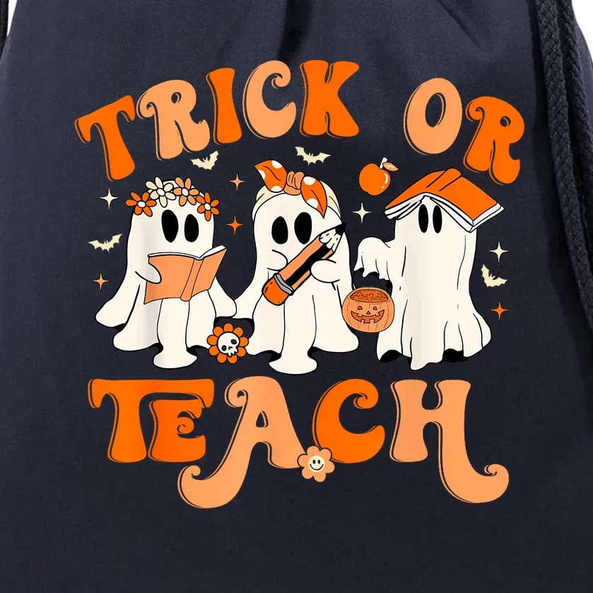 Teacher Halloween Trick Or Teach Retro Groovy Floral Ghost Drawstring Bag