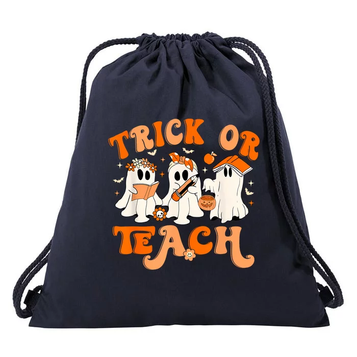 Teacher Halloween Trick Or Teach Retro Groovy Floral Ghost Drawstring Bag