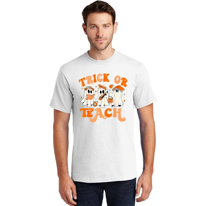 Teacher Halloween Trick Or Teach Retro Groovy Floral Ghost Tall T-Shirt