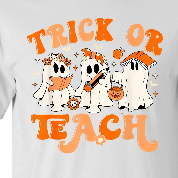 Teacher Halloween Trick Or Teach Retro Groovy Floral Ghost Tall T-Shirt