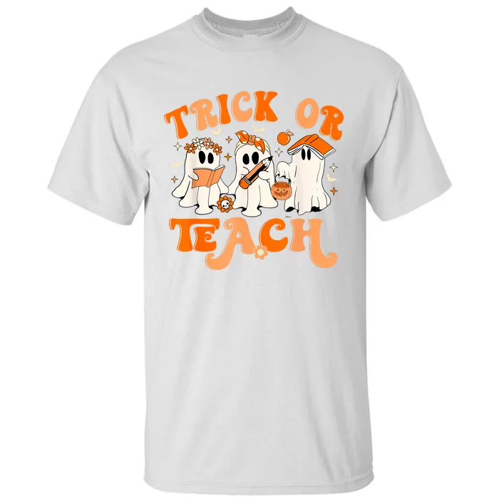 Teacher Halloween Trick Or Teach Retro Groovy Floral Ghost Tall T-Shirt