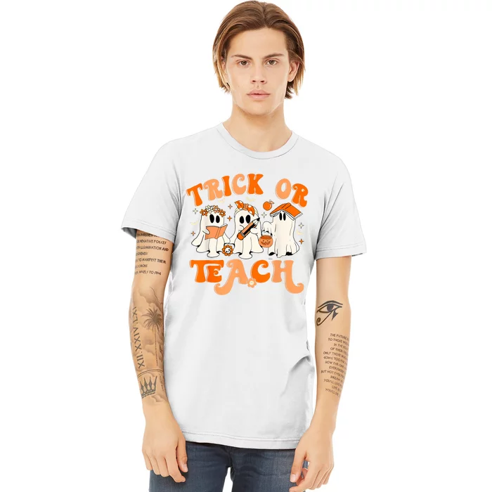 Teacher Halloween Trick Or Teach Retro Groovy Floral Ghost Premium T-Shirt