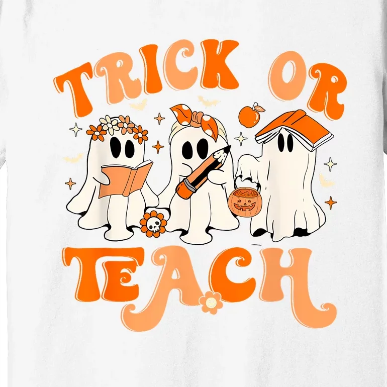 Teacher Halloween Trick Or Teach Retro Groovy Floral Ghost Premium T-Shirt