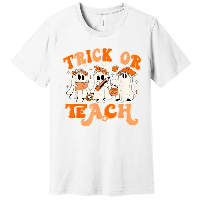 Teacher Halloween Trick Or Teach Retro Groovy Floral Ghost Premium T-Shirt