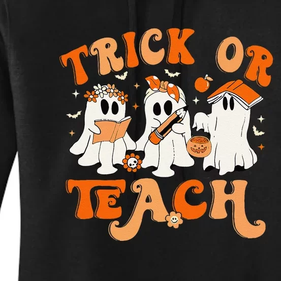 Teacher Halloween Trick Or Teach Retro Groovy Floral Ghost Gift Women's Pullover Hoodie