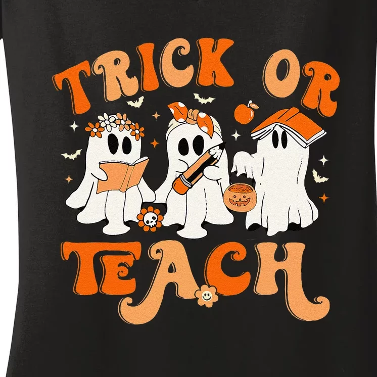 Teacher Halloween Trick Or Teach Retro Groovy Floral Ghost Gift Women's V-Neck T-Shirt