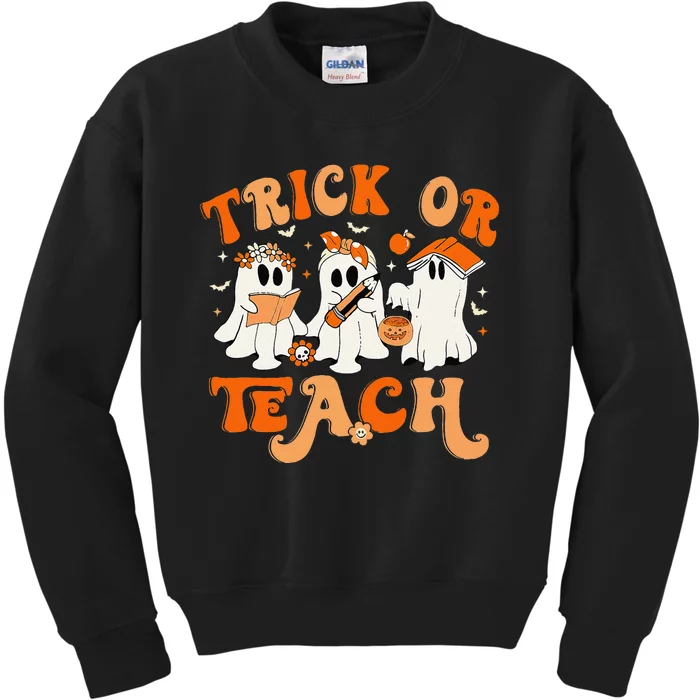 Teacher Halloween Trick Or Teach Retro Groovy Floral Ghost Gift Kids Sweatshirt