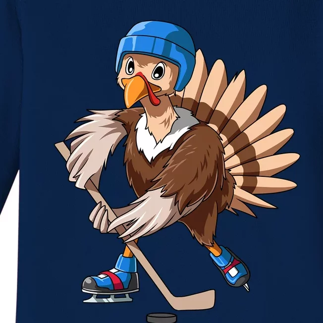 Turkey Hockey Thanksgiving Turkey Playing Hockey Turkey Gift Baby Long Sleeve Bodysuit