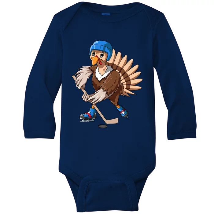 Turkey Hockey Thanksgiving Turkey Playing Hockey Turkey Gift Baby Long Sleeve Bodysuit