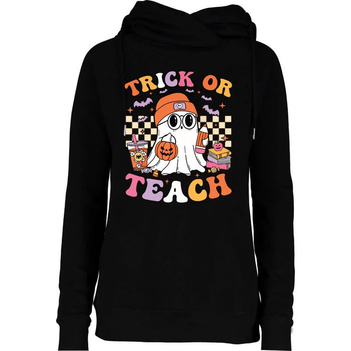 Teacher Halloween Trick Or Teach Cute Ghost Coffee Pumpkins Womens Funnel Neck Pullover Hood