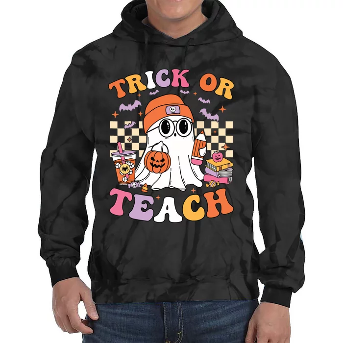 Teacher Halloween Trick Or Teach Cute Ghost Coffee Pumpkins Tie Dye Hoodie