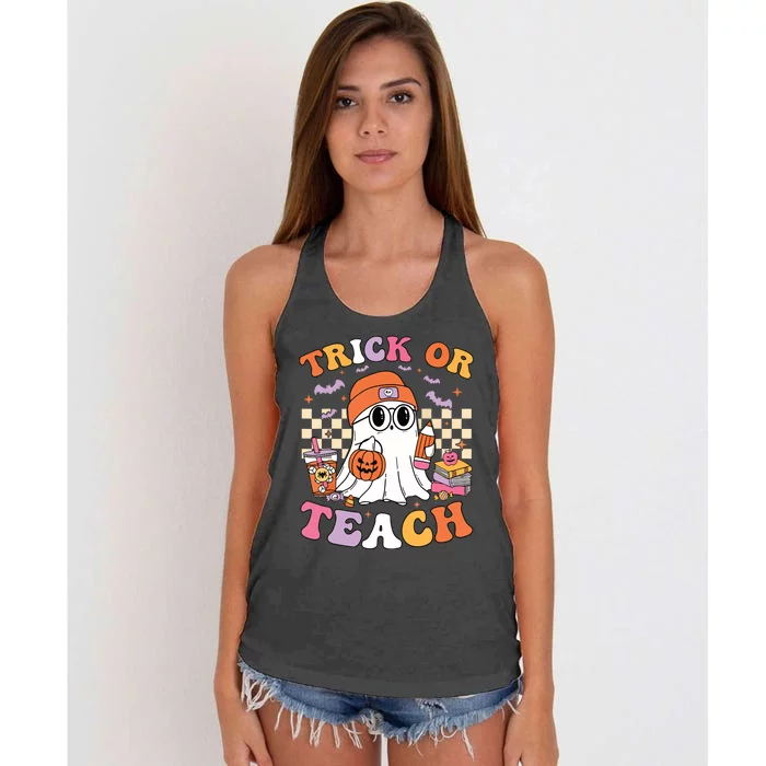 Teacher Halloween Trick Or Teach Cute Ghost Coffee Pumpkins Women's Knotted Racerback Tank