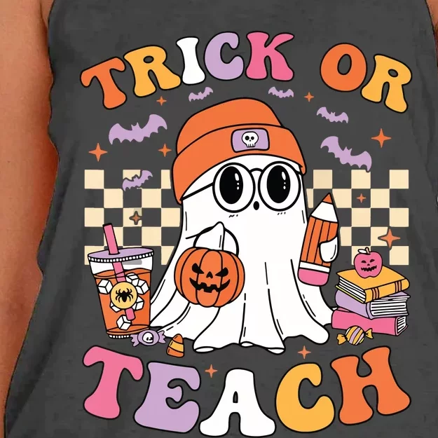 Teacher Halloween Trick Or Teach Cute Ghost Coffee Pumpkins Women's Knotted Racerback Tank