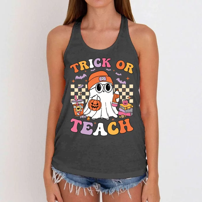 Teacher Halloween Trick Or Teach Cute Ghost Coffee Pumpkins Women's Knotted Racerback Tank