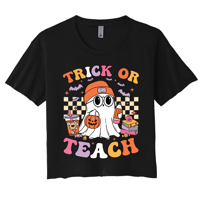 Teacher Halloween Trick Or Teach Cute Ghost Coffee Pumpkins Women's Crop Top Tee