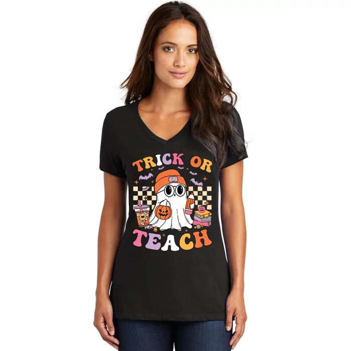 Teacher Halloween Trick Or Teach Cute Ghost Coffee Pumpkins Women's V-Neck T-Shirt