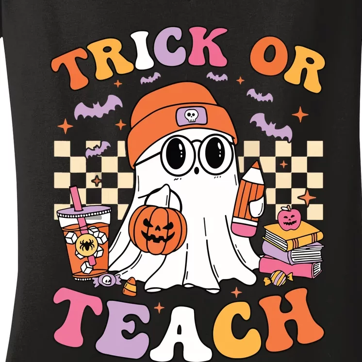 Teacher Halloween Trick Or Teach Cute Ghost Coffee Pumpkins Women's V-Neck T-Shirt