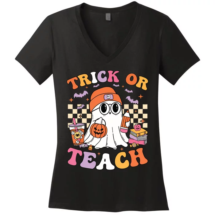 Teacher Halloween Trick Or Teach Cute Ghost Coffee Pumpkins Women's V-Neck T-Shirt