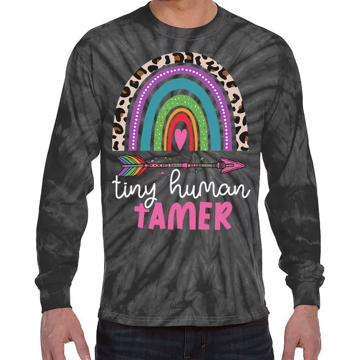 Tiny Human Tamer Funny Teacher Or Mom Leopard Rainbow Tie-Dye Long Sleeve Shirt