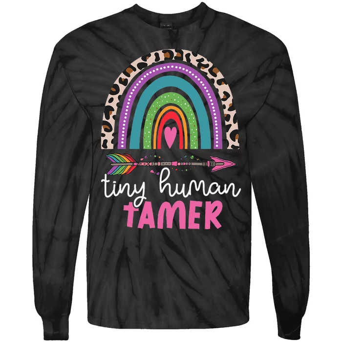 Tiny Human Tamer Funny Teacher Or Mom Leopard Rainbow Tie-Dye Long Sleeve Shirt