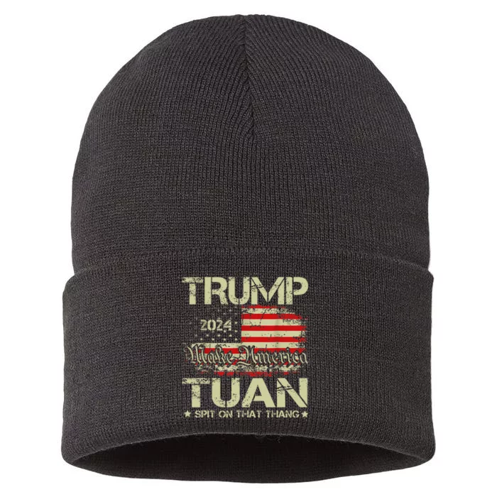 Trump Hawk Tuah Funny Viral Humor Meme Video Girl 24 Tua Sustainable Knit Beanie