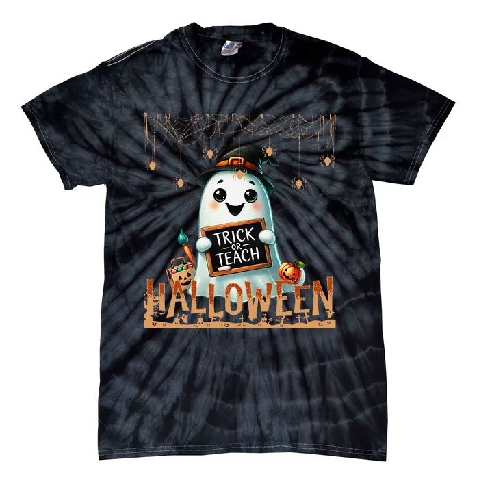 Teacher Halloween Trick Or Teach Cute Ghost Coffee Pumpkins Tie-Dye T-Shirt