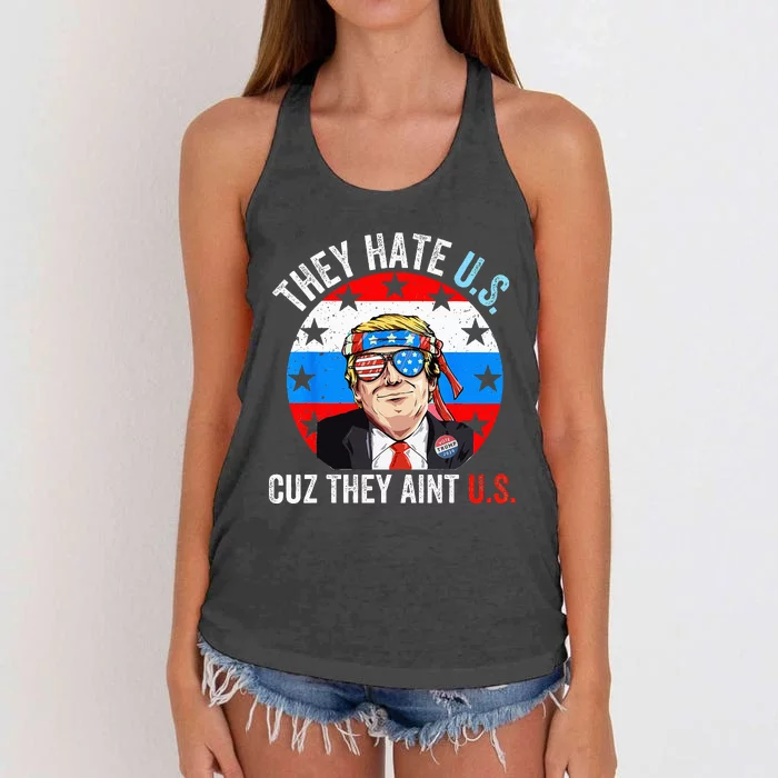 They Hate Us Cuz They Ain't Us Funny 4th of July USA Women's Knotted Racerback Tank