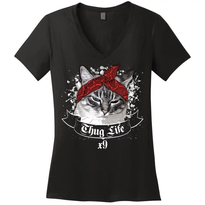 Thug Life X9 Gangster Cat Women's V-Neck T-Shirt