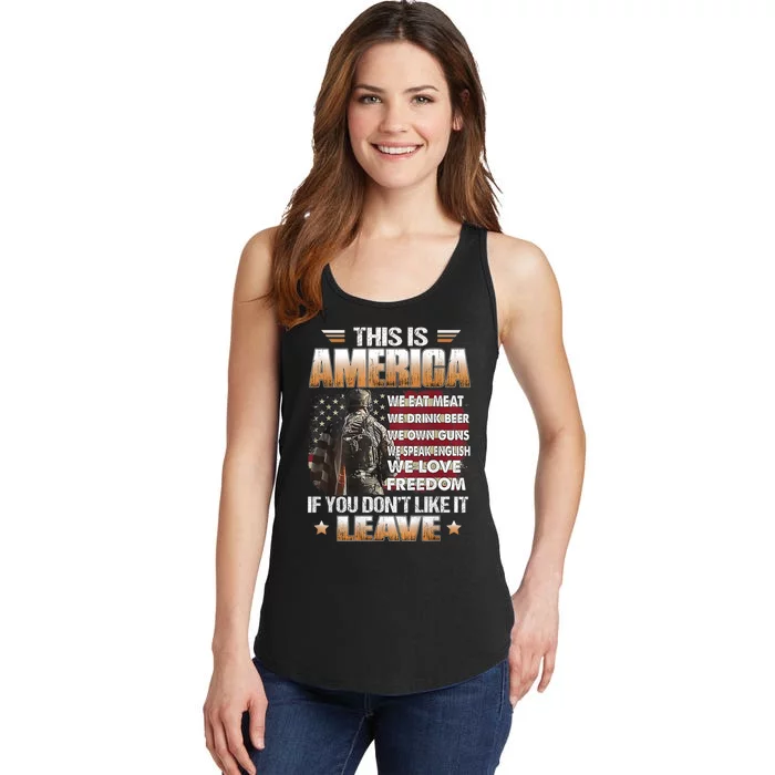 This Is America We Eat Meat We Drink Beer Ladies Essential Tank